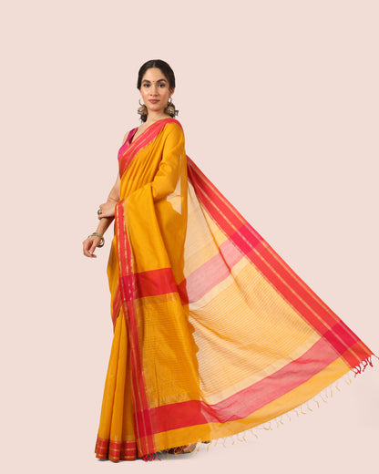 Yellow Maheshwari Handwoven Silk Cotton with Resham Border