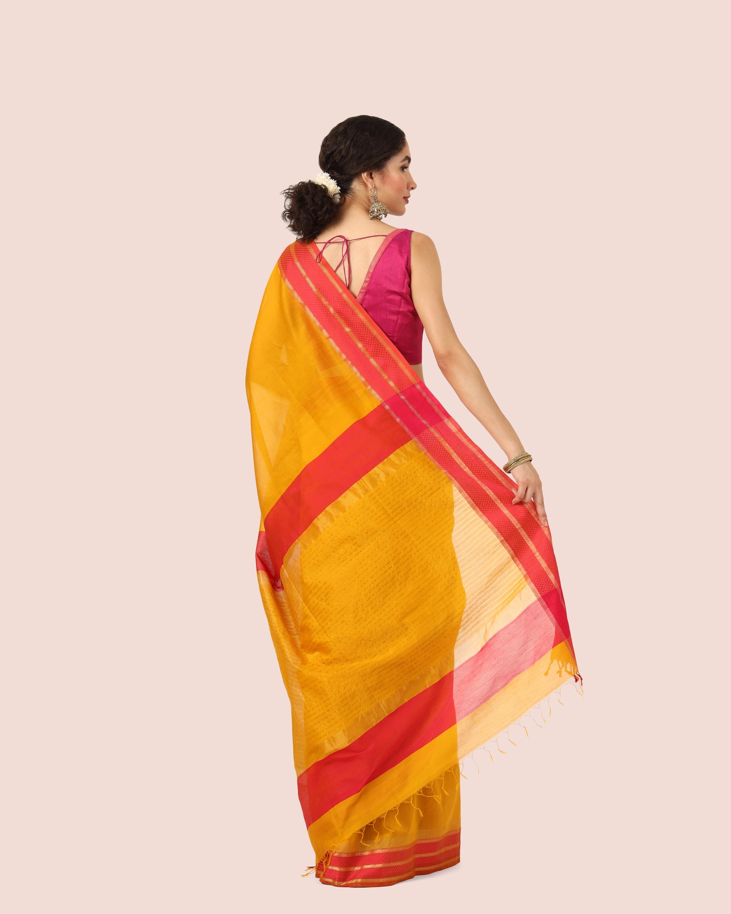 Yellow Maheshwari Handwoven Silk Cotton with Resham Border