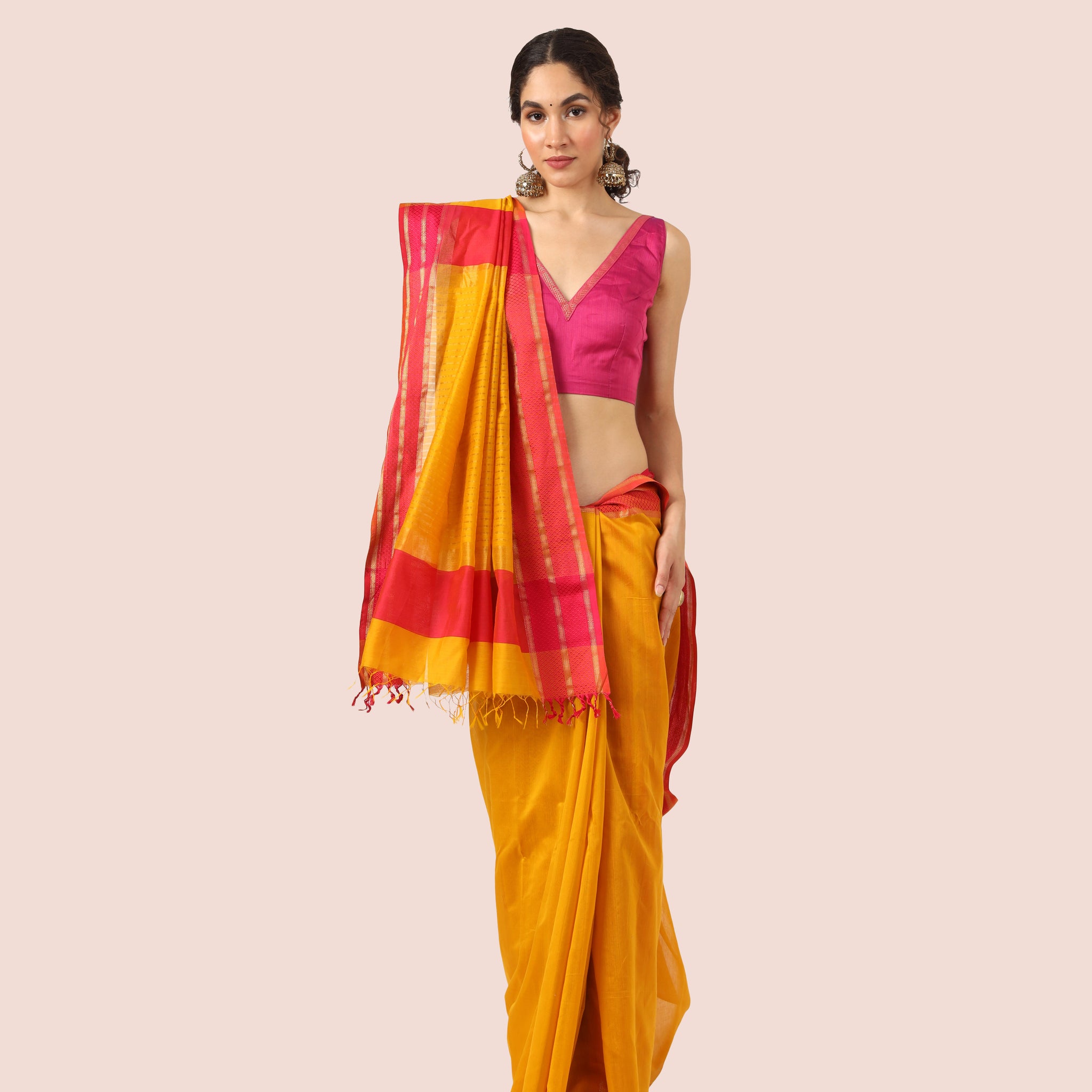 Yellow Maheshwari Handwoven Silk Cotton with Resham Border