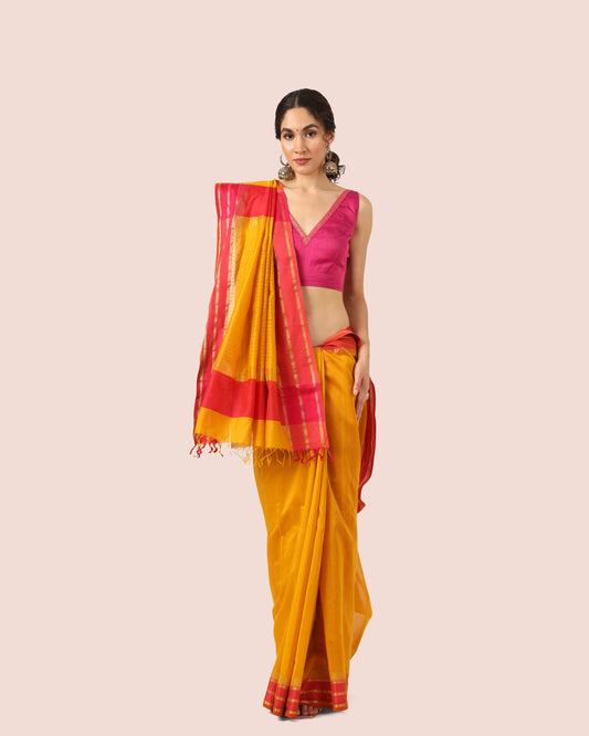 Yellow Maheshwari Handwoven Silk Cotton with Resham Border