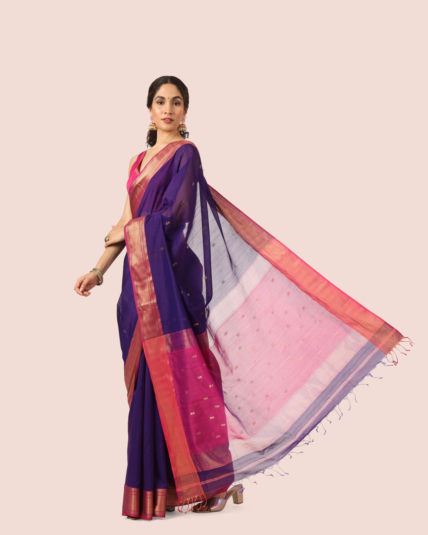 Voilet Maheshwari Handwoven Silk Cotton Butti Pallu Saree