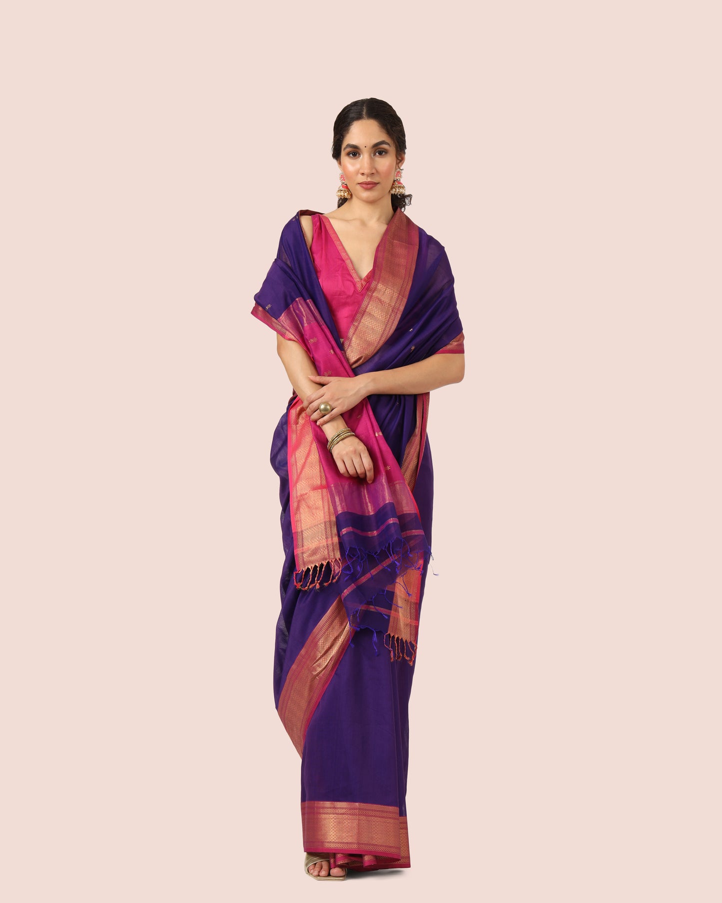 Voilet Maheshwari Handwoven Silk Cotton Butti Pallu Saree