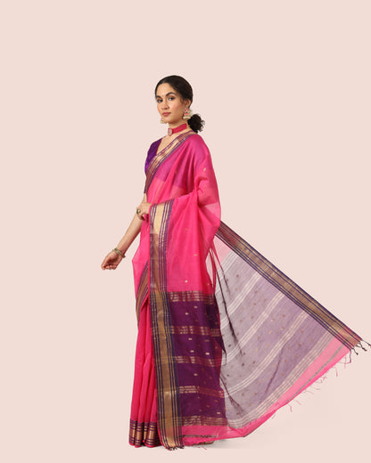 Bright Pink Maheshwari Handwoven Jari Butti Pallu