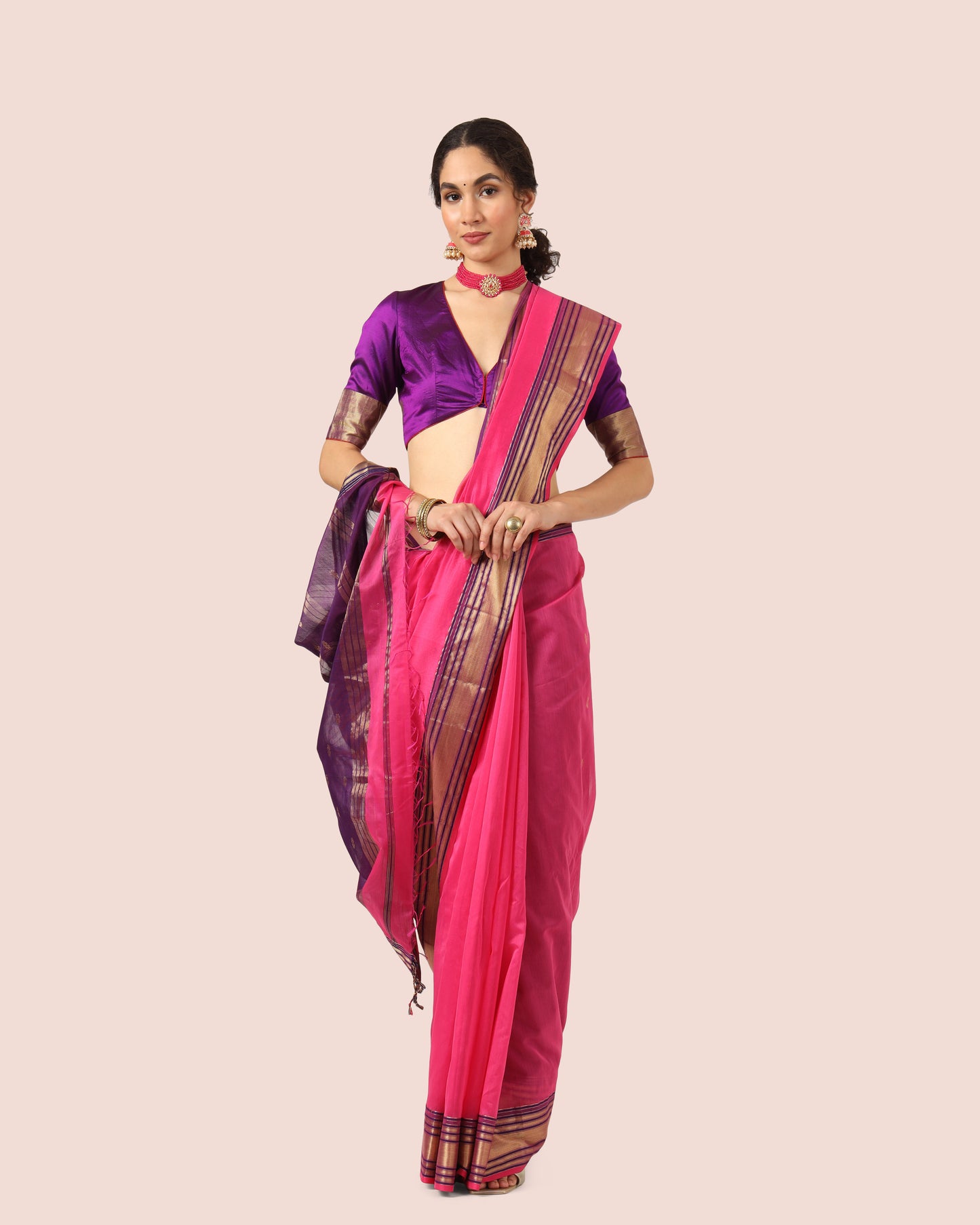 Bright Pink Maheshwari Handwoven Jari Butti Pallu