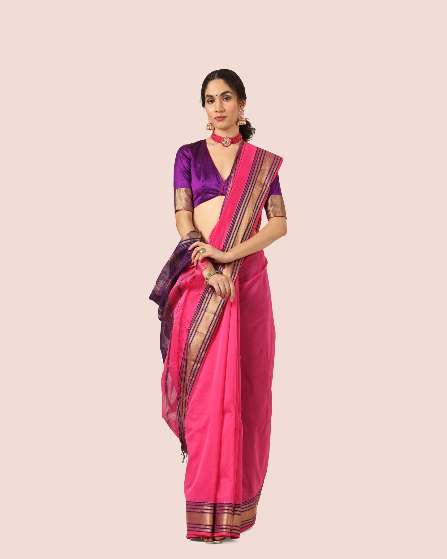 Bright Pink Maheshwari Handwoven Jari Butti Pallu