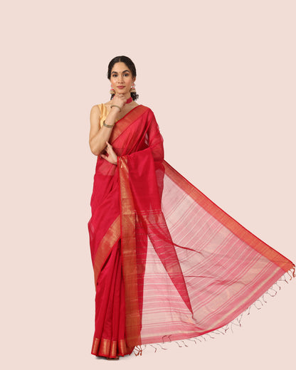 Red Maheshwari Handwoven Saree with Gold Jari Border