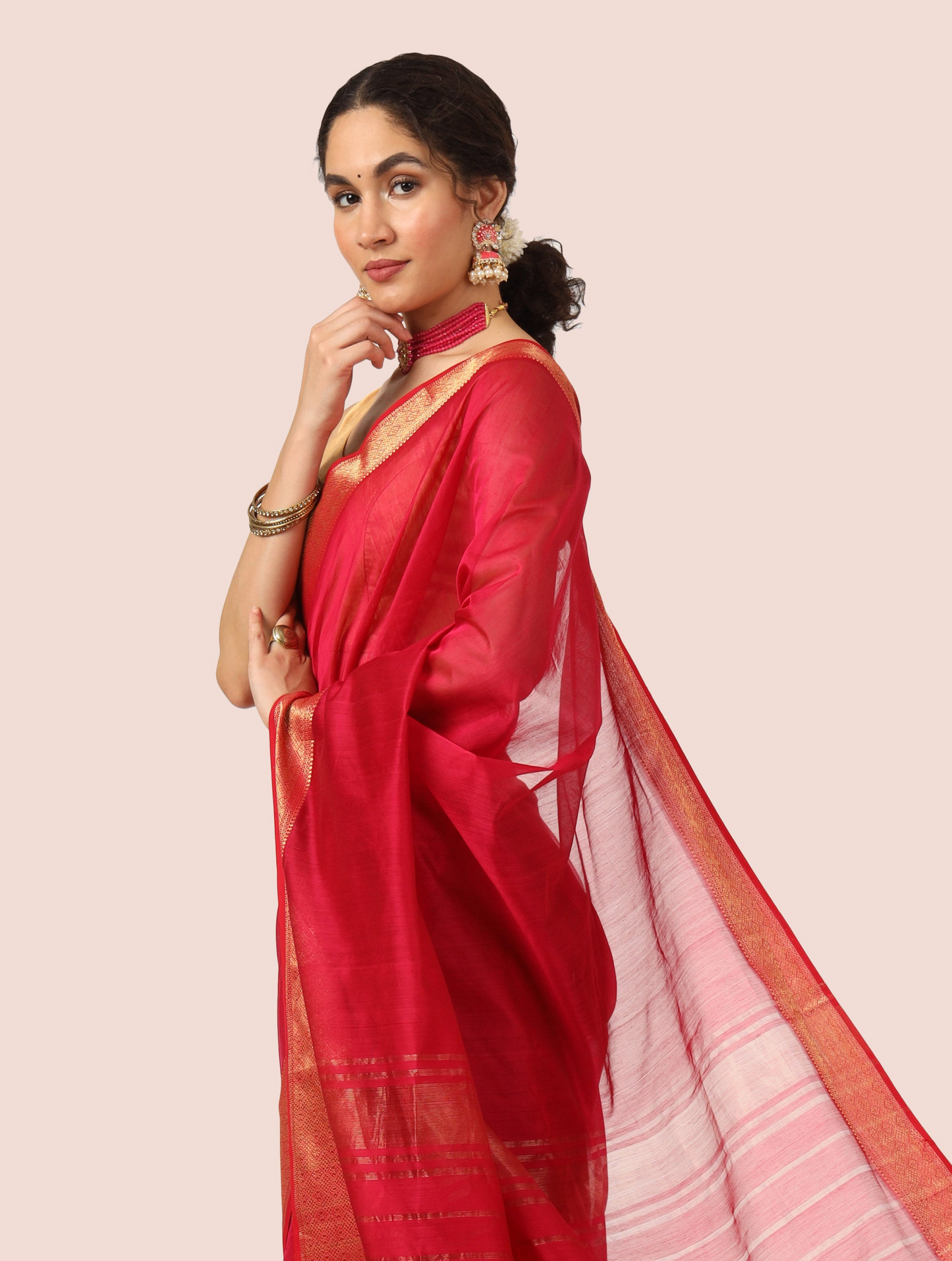 Red Maheshwari Handwoven Saree with Gold Jari Border