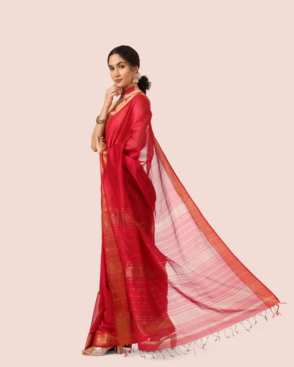 Red Maheshwari Handwoven Saree with Gold Jari Border