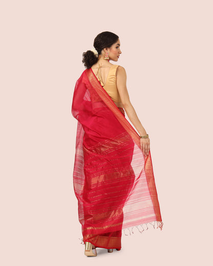 Red Maheshwari Handwoven Saree with Gold Jari Border