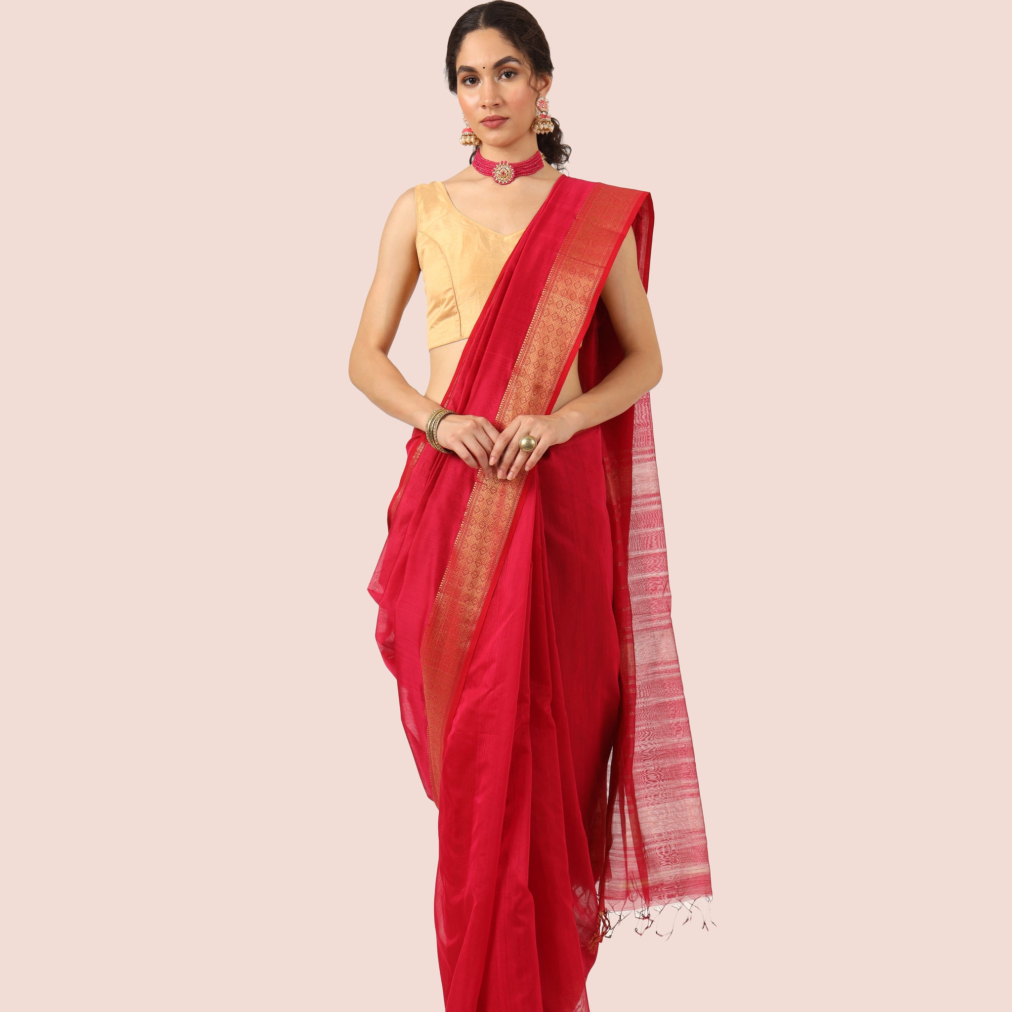 Red Maheshwari Handwoven Saree with Gold Jari Border
