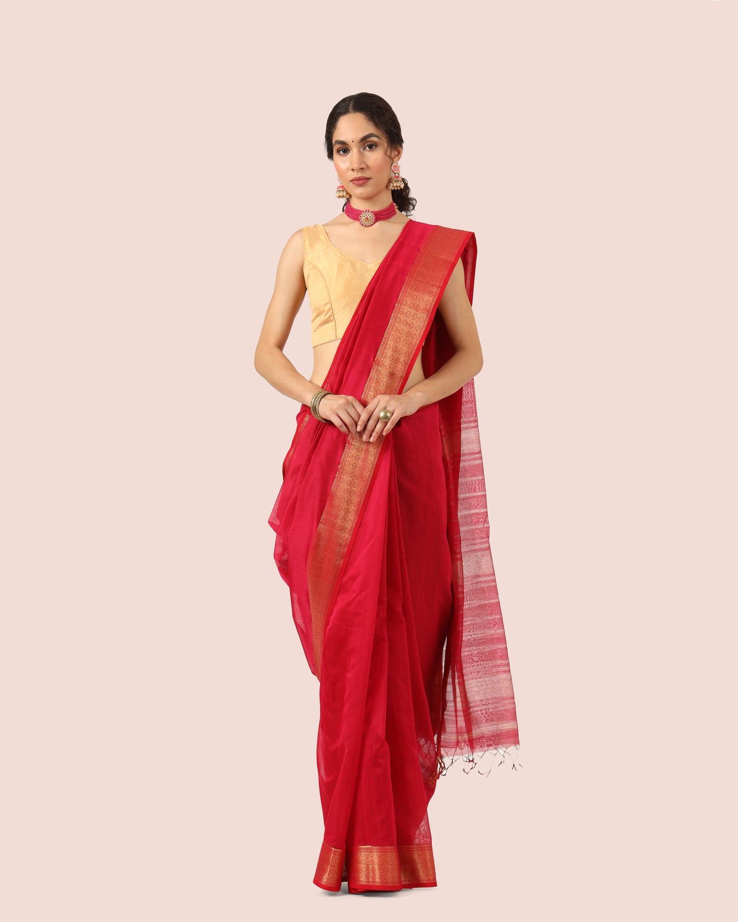 Red Maheshwari Handwoven Saree with Gold Jari Border