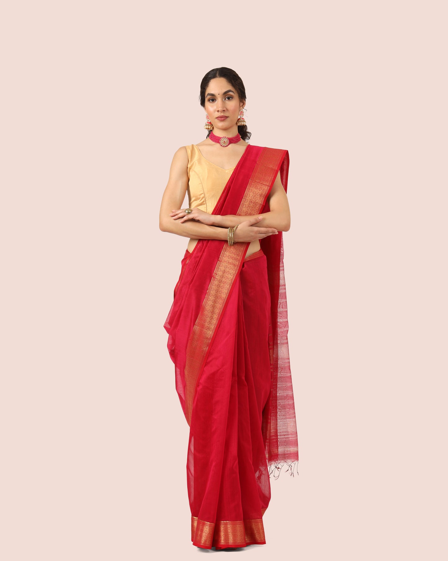 Red Maheshwari Handwoven Saree with Gold Jari Border