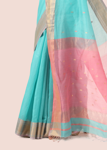 Sky Blue Maheshwari Handwoven with Jari Butti Pallu