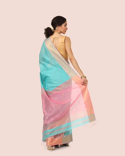 Sky Blue Maheshwari Handwoven with Jari Butti Pallu