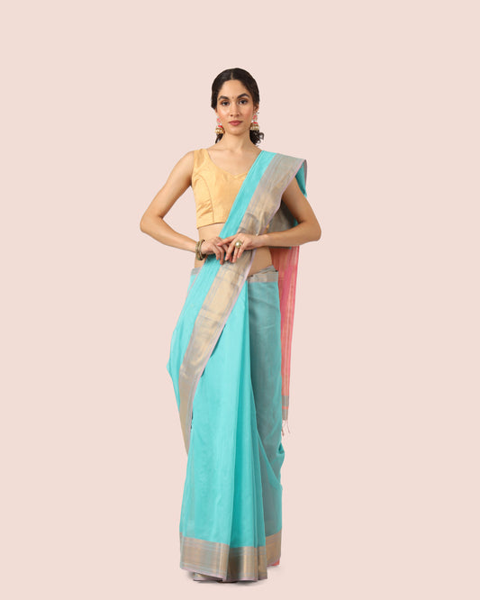 Sky Blue Maheshwari Handwoven with Jari Butti Pallu