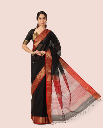 Black Maheshwari Handwoven With Gold Jari Butti Pallu