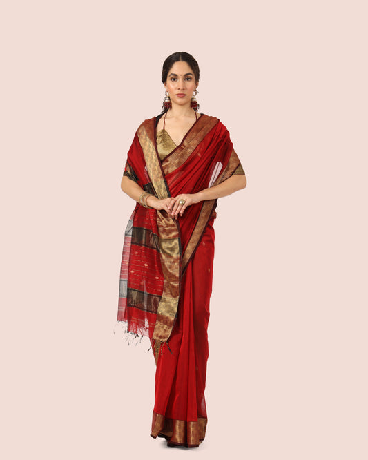 Maroon Maheshwari Handwoven With Gold Jari Butti Pallu