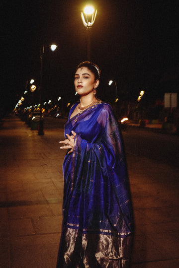 Jilmil Blue Maheshwari Handwoven Silk Cotton Jari Booti Pallu