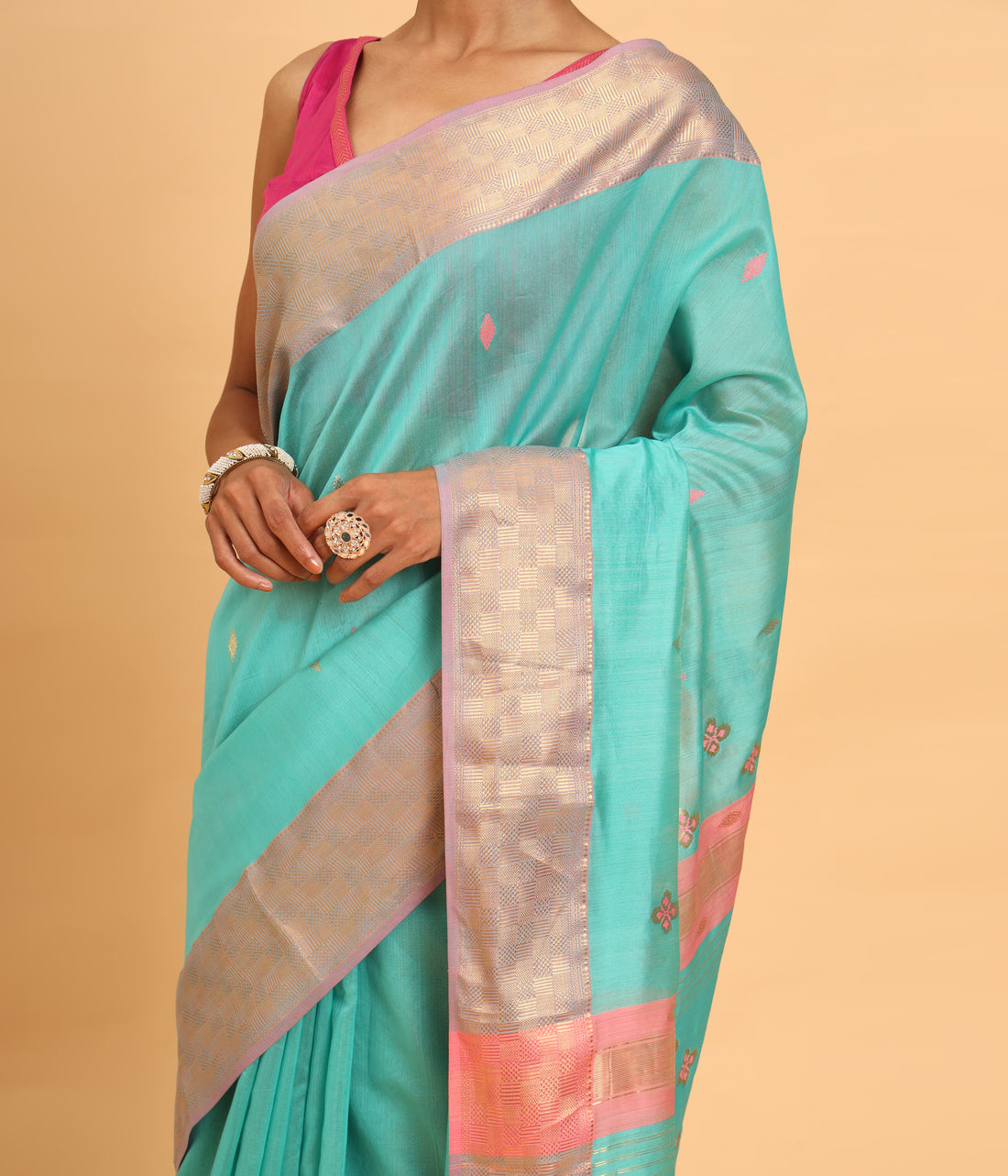 Sea Blue Maheshwari Handwoven Meena Butti Saree