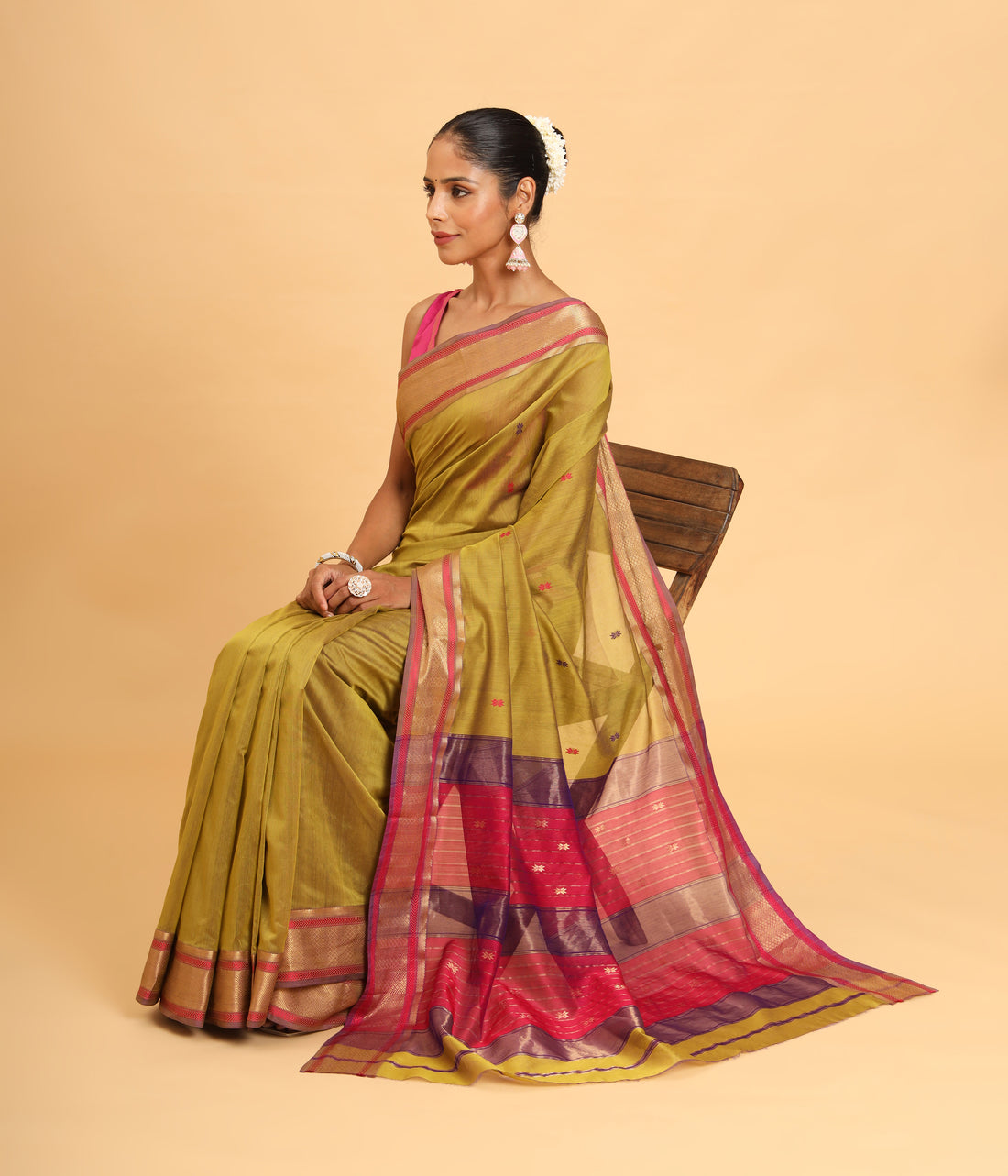 Lime Green Maheshwari Jari Butti Pallu Saree