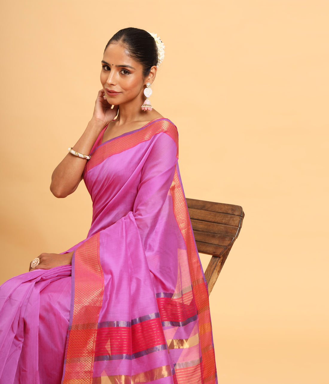 Pink Maheshwari Silk Cotton Lehriya Border Saree