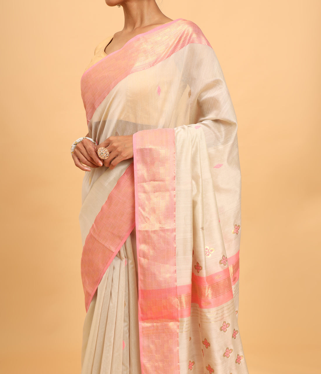 Beige Cream Maheshwari Handwoven Meena Butti Saree