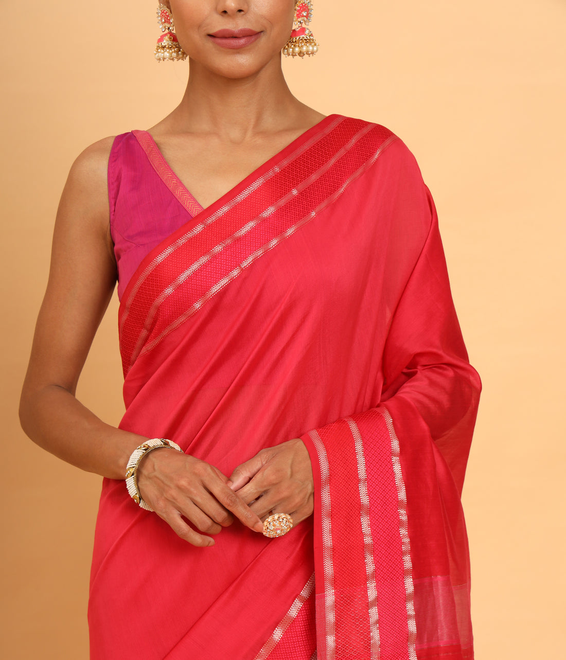 Cherry Red Maheshwari Resham Border Saree