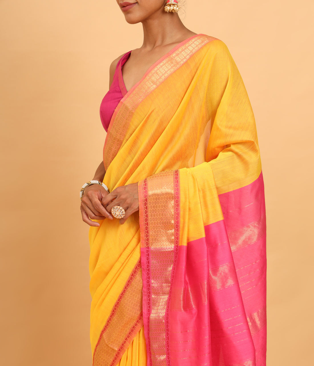 Marigold Yellow Maheshwari Handwoven With Beautiful Pink Jari Pallu