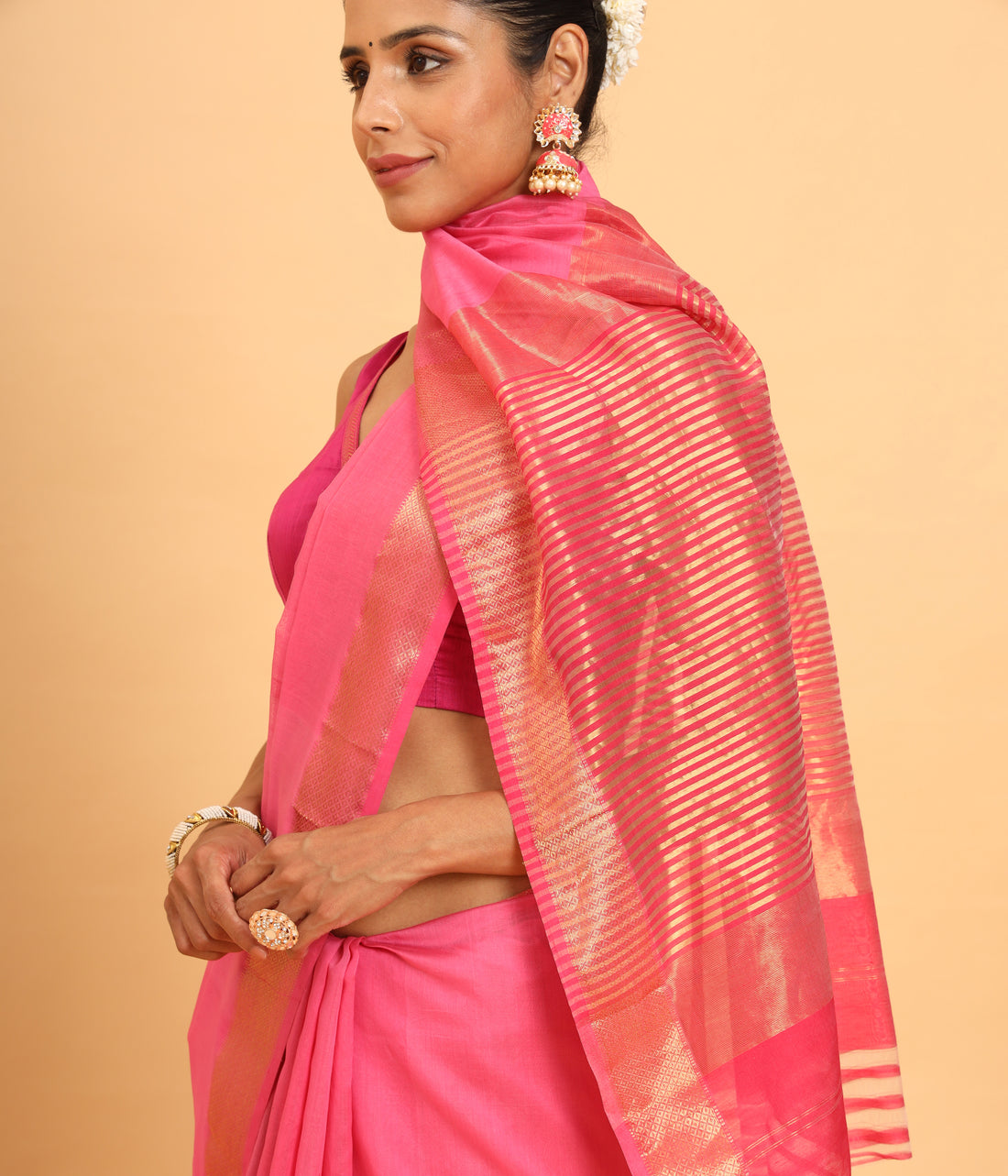 Baby Pink Maheshwari Handwoven Silk Cotton Saree