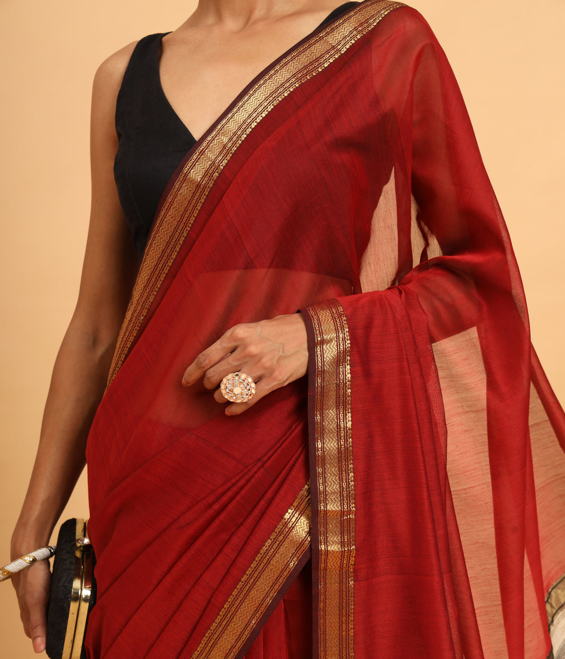 Rust Red Tussar silk Pallu Maheshwari Saree