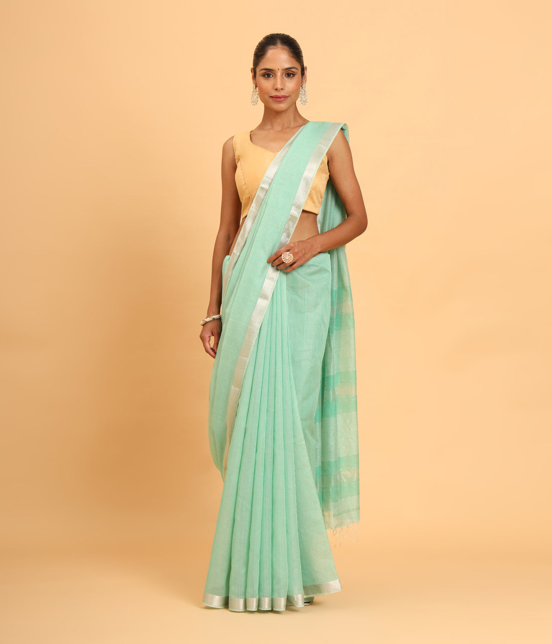 Sea Green Maheshwari Checks Saree