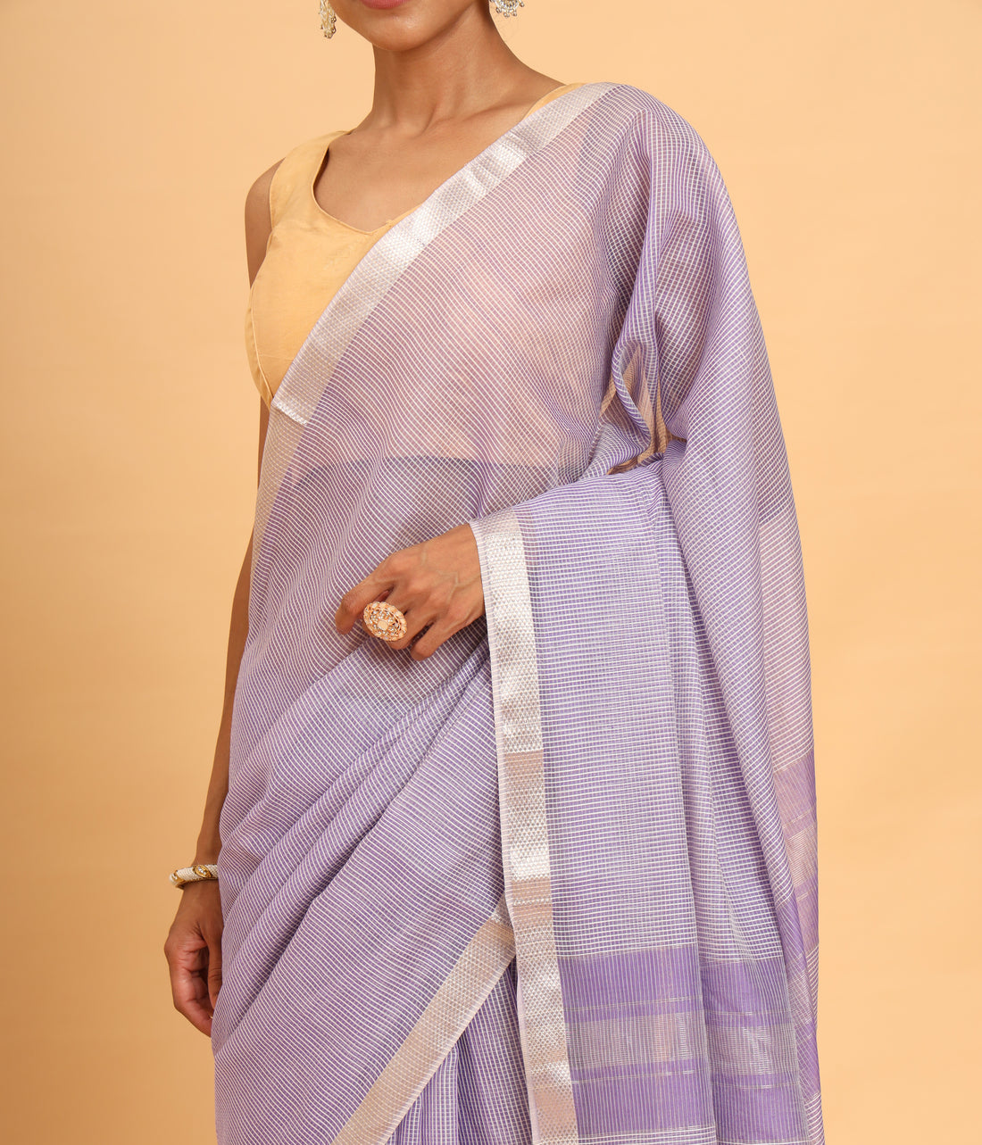 Lilac Maheshwari Handwoven Checks Silver Jari Saree