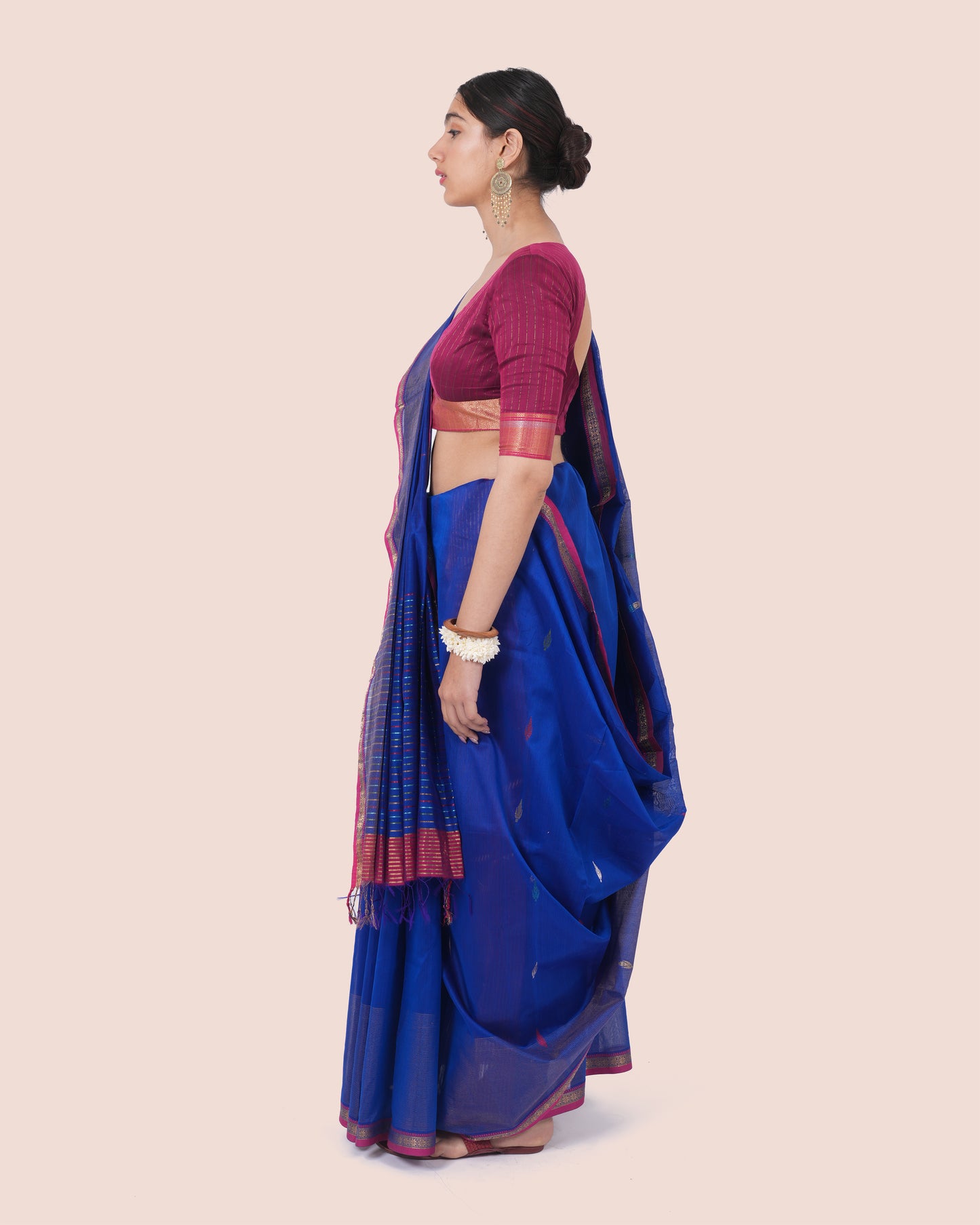 Dark Blue Pure Silk Cotton Maheswari Saree with Burgundy Border