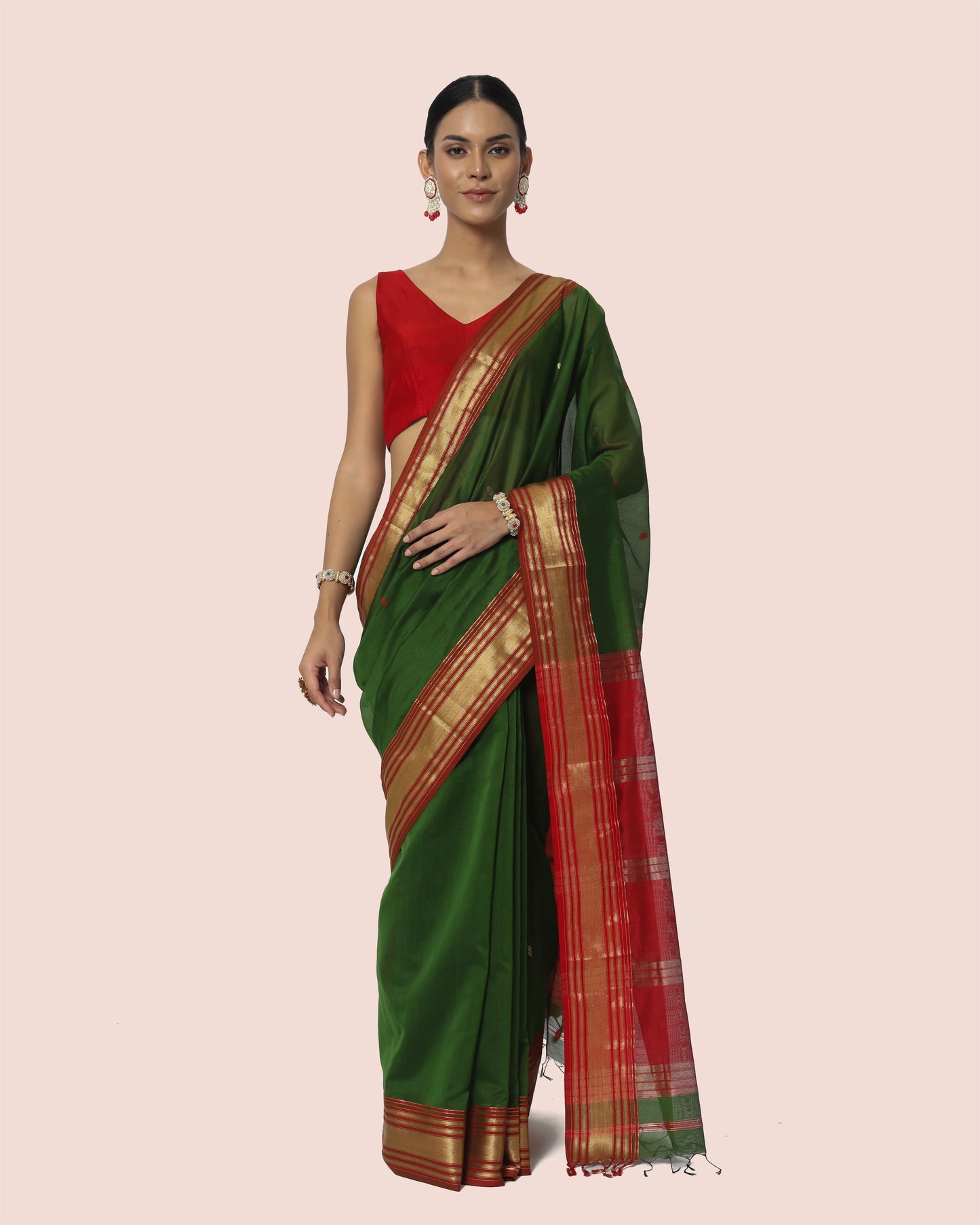 Wine Soaked Olive Green Maheshwari Saree