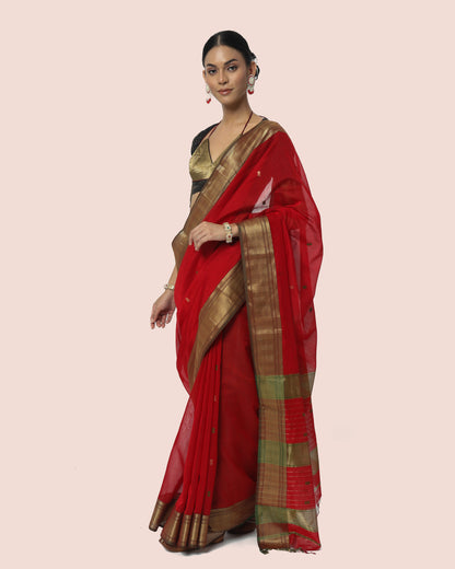 Rosso Red With Gold Jari Maheshwari Saree