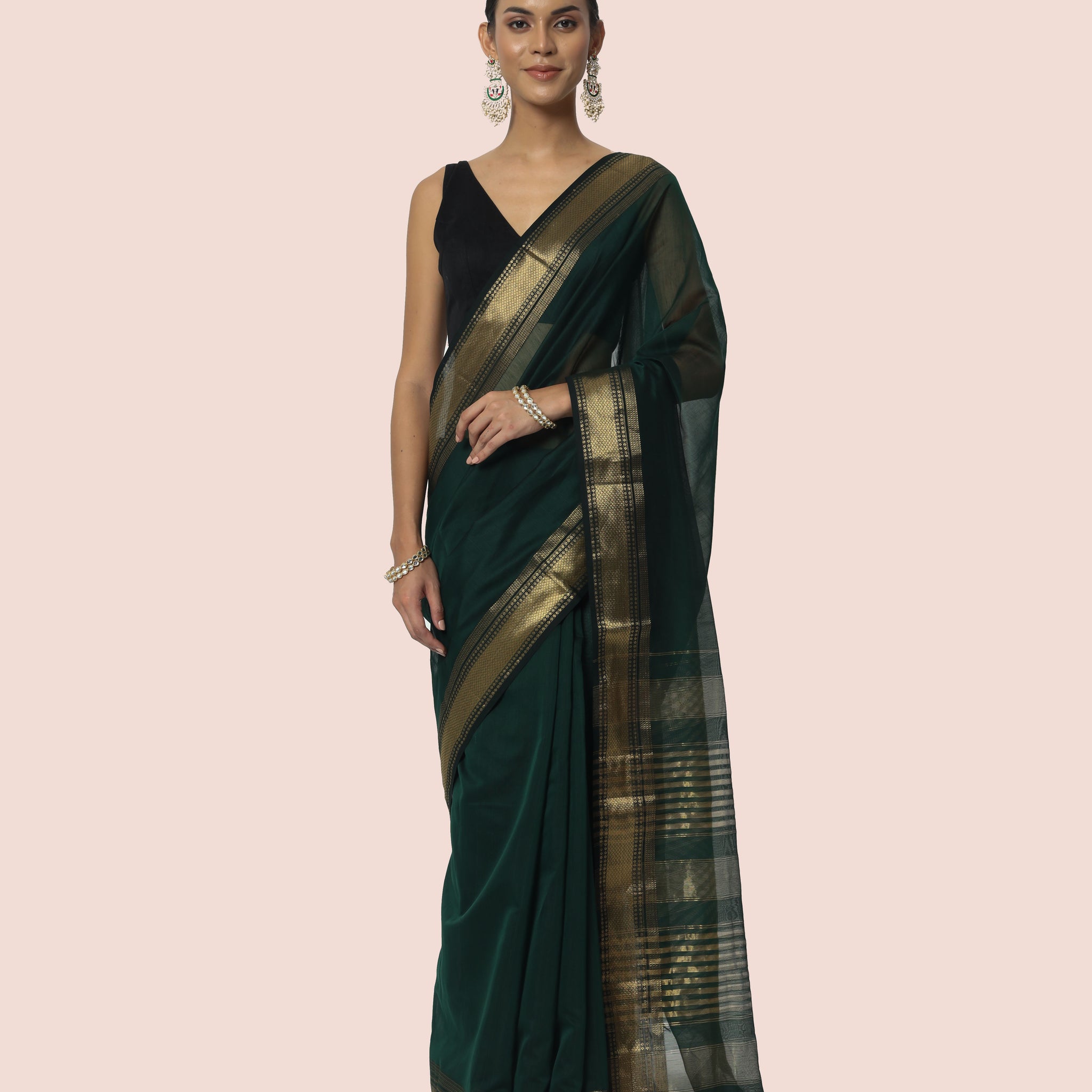 Dark Green Maheshwari Handloom Silk cotton with jari