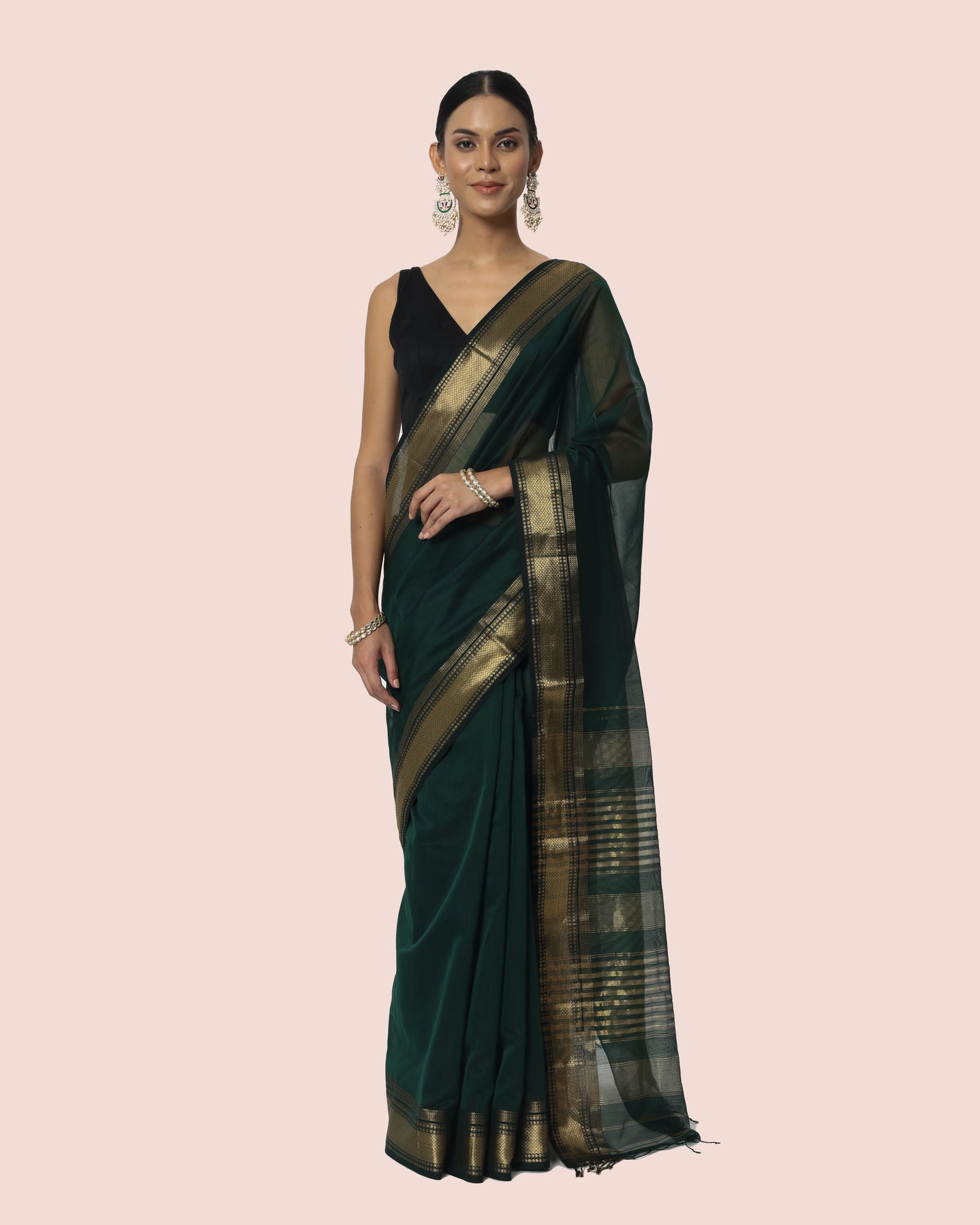 Dark Green Maheshwari Handloom Silk cotton with jari