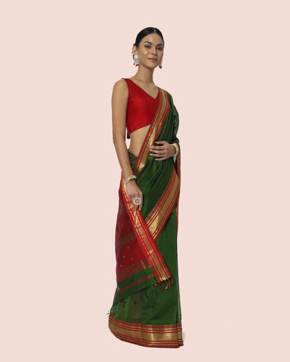 Wine Soaked Olive Green Maheshwari Saree