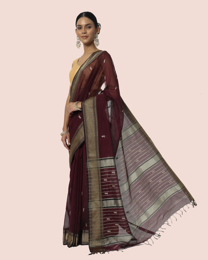 Rosewood Wine With Silk Border Butti Pallu Maheshwari Saree