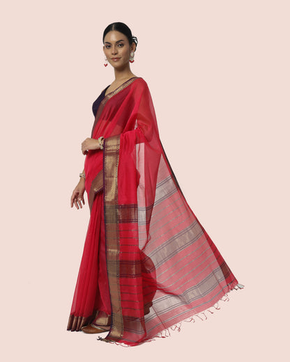 Crimson Red with Gold Jari Maheshwari Saree