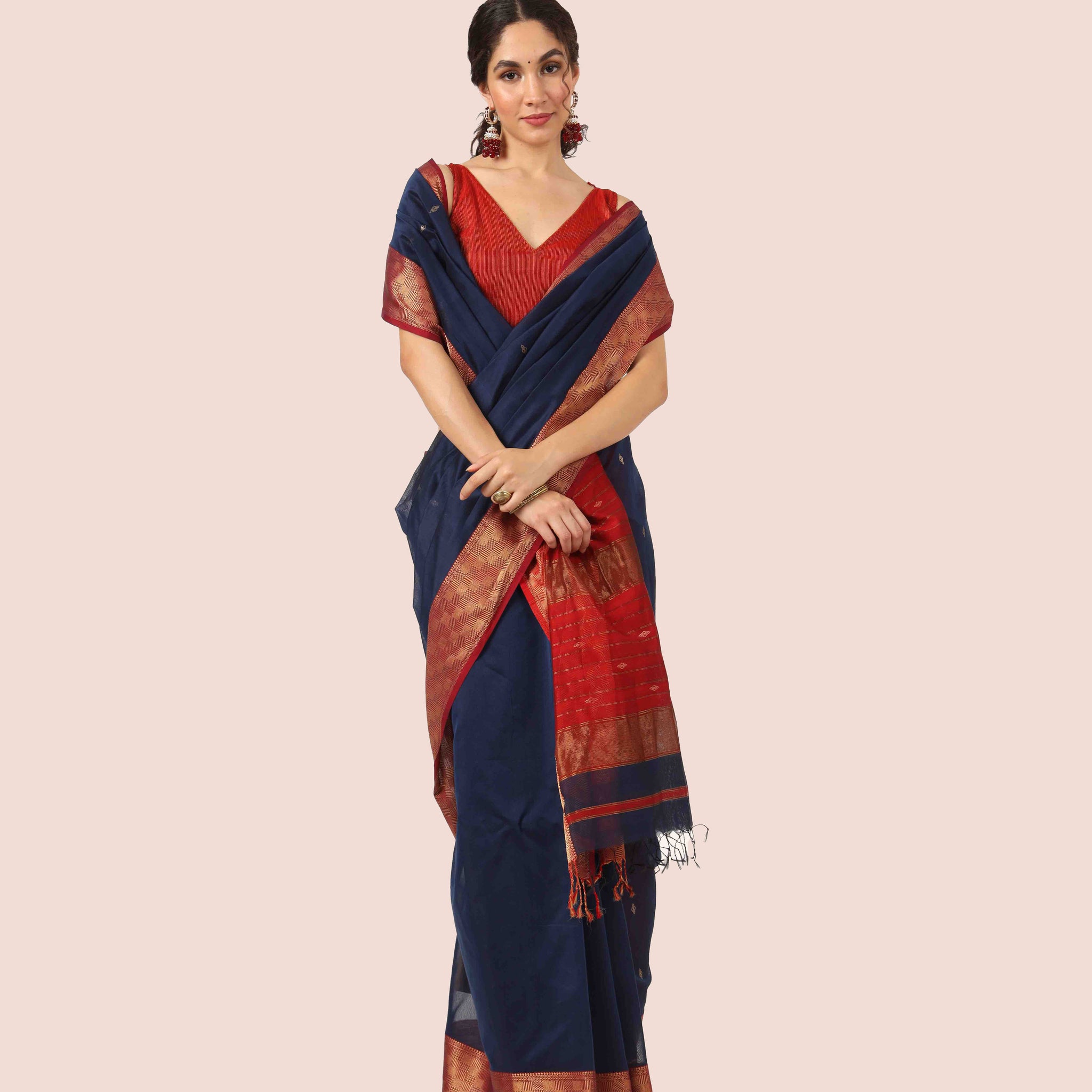 Navy Blue with Jari Red Pallu Maheshwari handwoven saree