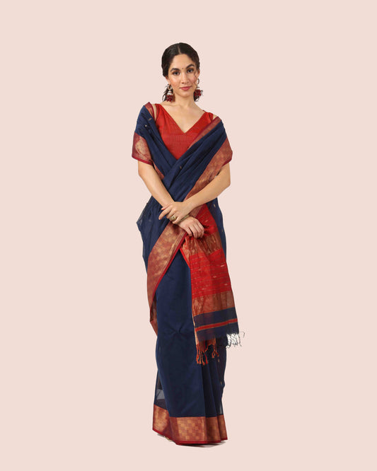 Navy Blue with Jari Red Pallu Maheshwari handwoven saree