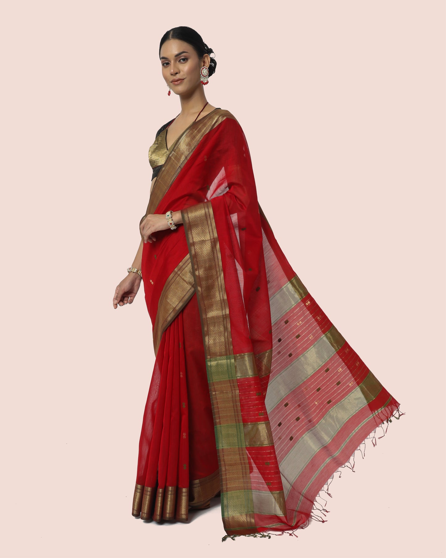 Rosso Red With Gold Jari Maheshwari Saree