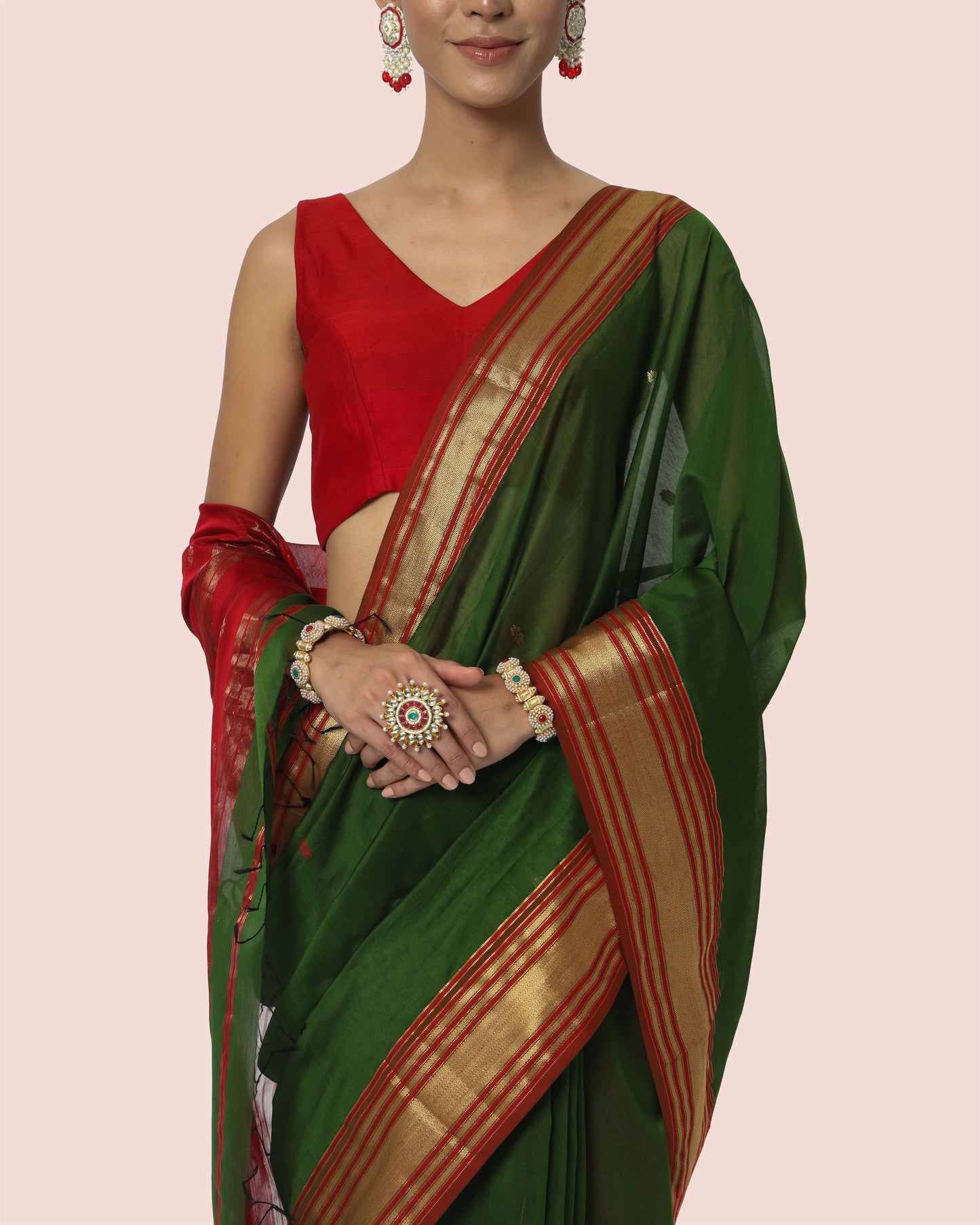 Wine Soaked Olive Green Maheshwari Saree