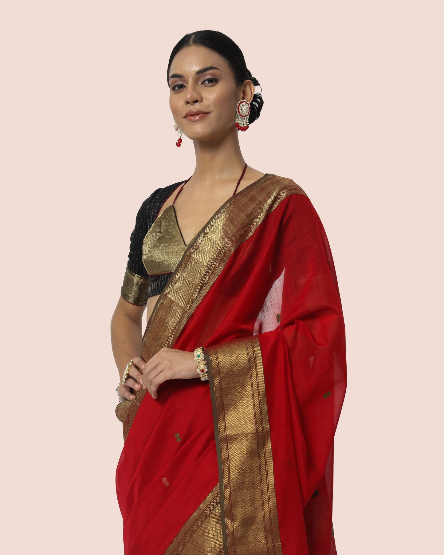 Rosso Red With Gold Jari Maheshwari Saree