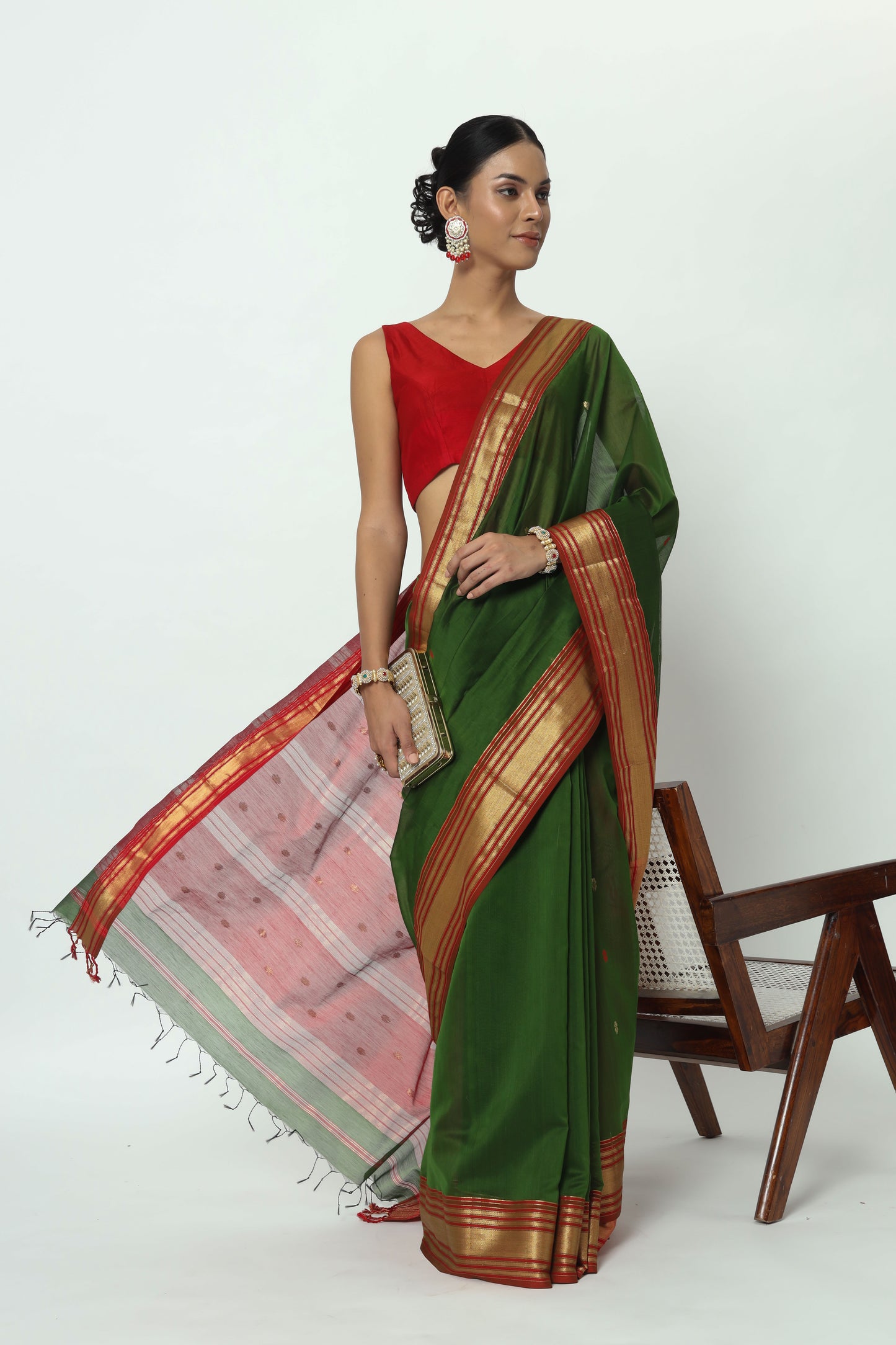 Wine Soaked Olive Green Maheshwari Saree