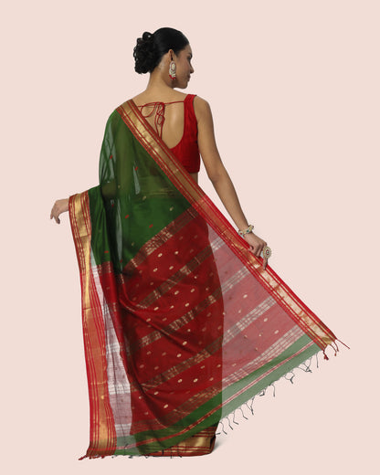 Wine Soaked Olive Green Maheshwari Saree