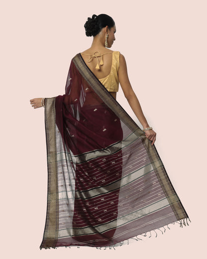 Rosewood Wine With Silk Border Butti Pallu Maheshwari Saree