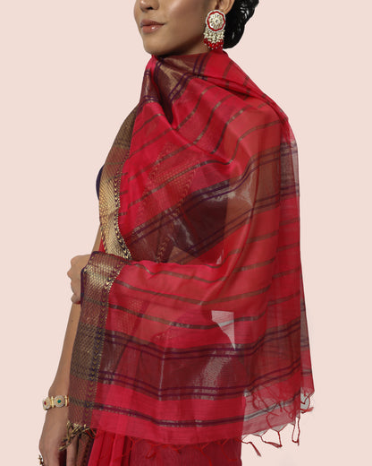 Crimson Red with Gold Jari Maheshwari Saree