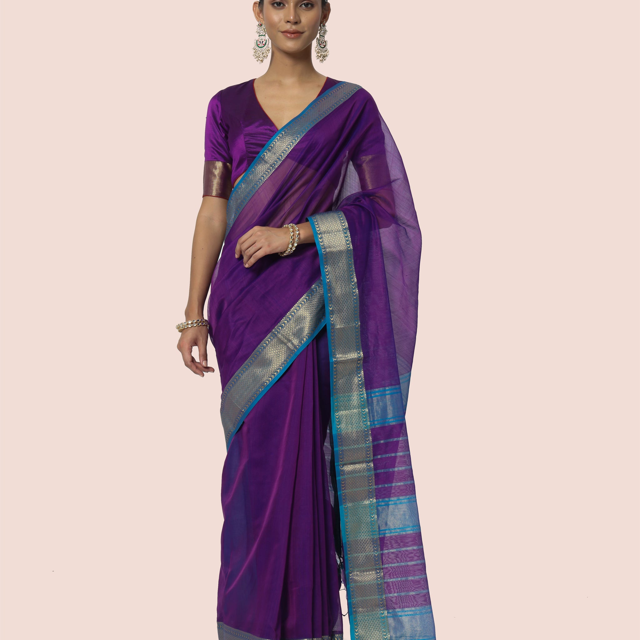 Blush Violet With gold Jari Maheshwari Saree